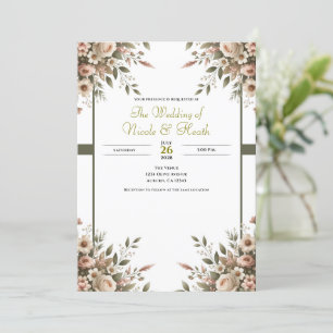 Invitation Élégant mariage de coin floral vert olive et blanc