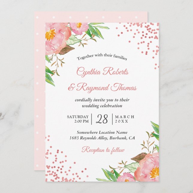 Invitation Élégant Mariage de Confetti Floral Rose Rose Resso (Devant / Derrière)