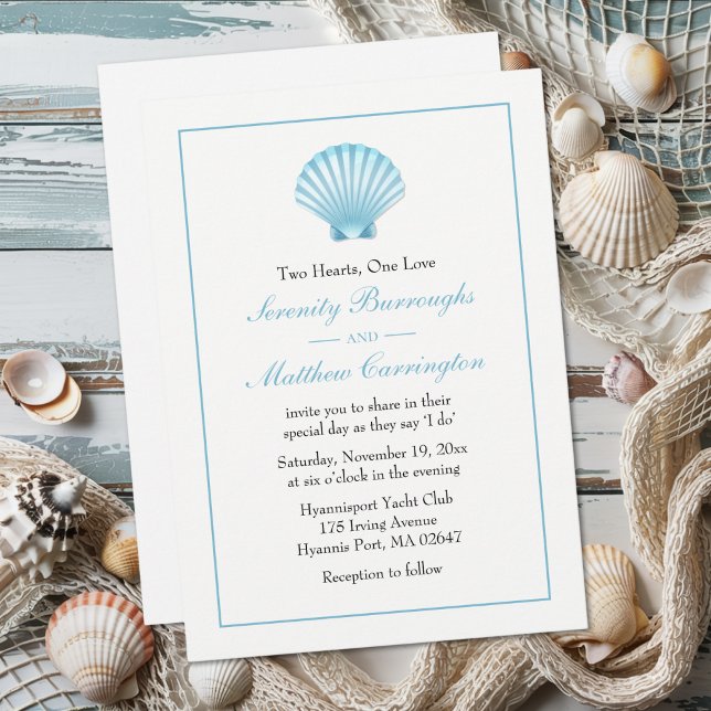 Invitation Elégant Mariage de coquillages Bleu Plage nautique (Créateur téléchargé)