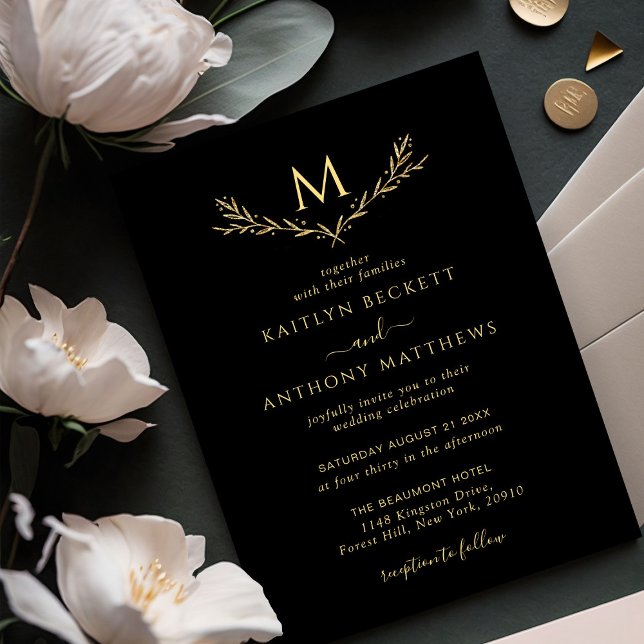 Invitation Élégant Mariage de couronne de monogramme noir et  (Créateur téléchargé)