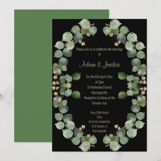 Invitation Élégant Mariage de couronne Eucalyptus noir (Devant / Derrière)