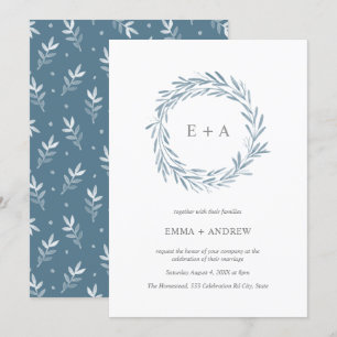 Invitation Elégant Mariage de couronnes bleu aquarelle