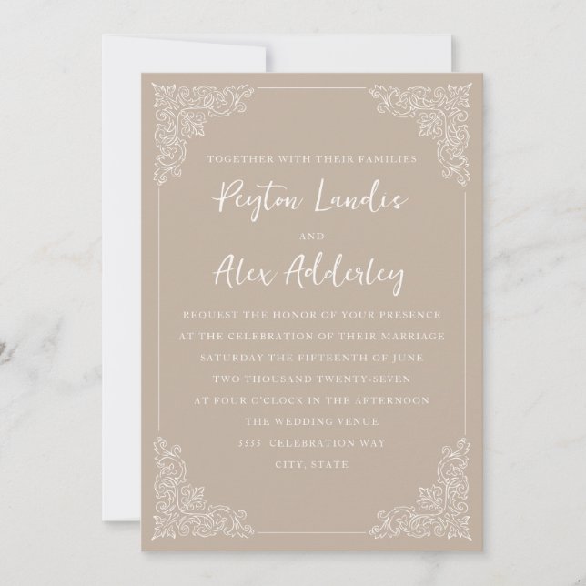 Invitation Élégant Mariage de crème Taupe Vintage (Devant)
