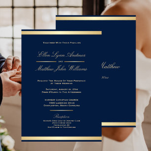 Invitation Elégant Mariage de découpe bleu et or de la marine