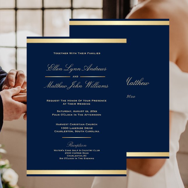 Invitation Elégant Mariage de découpe bleu et or de la marine (Elegant Navy Blue and Gold Trim Wedding Invitation)