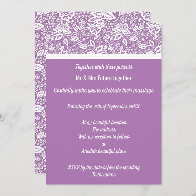 Invitation Élégant Mariage de dentelle blanc violet (Devant / Derrière)