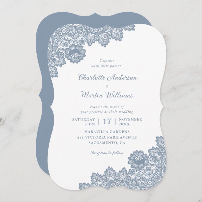 Invitation Élégant Mariage de dentelle bleu bleu bleu floral (Devant / Derrière)