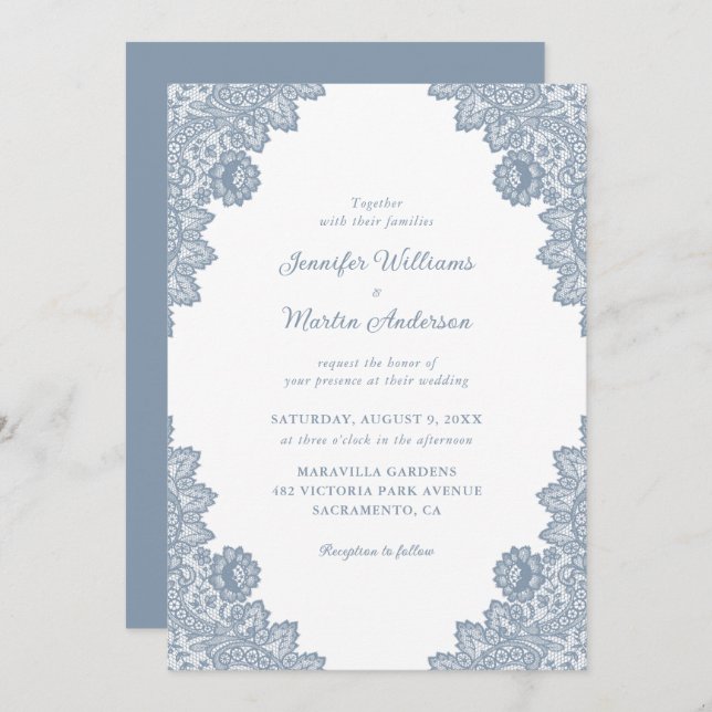 Invitation Élégant Mariage de dentelle bleu bleu bleu floral (Devant / Derrière)