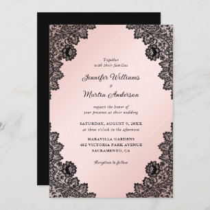 Invitation Élégant Mariage de dentelle florale noire et rose