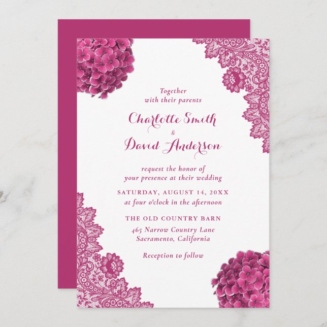 Invitation Élégant Mariage de dentelle florale rose chaud rus (Devant / Derrière)