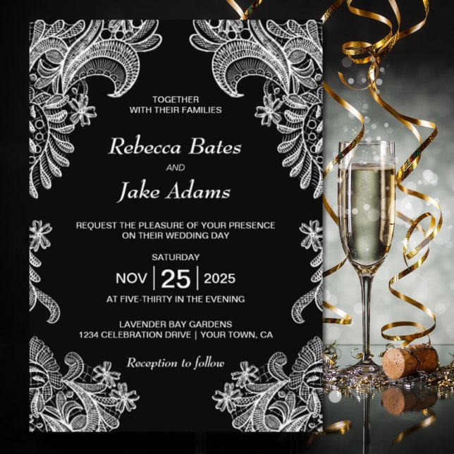 Invitation Élégant Mariage de dentelle noir et blanc (Créateur téléchargé)