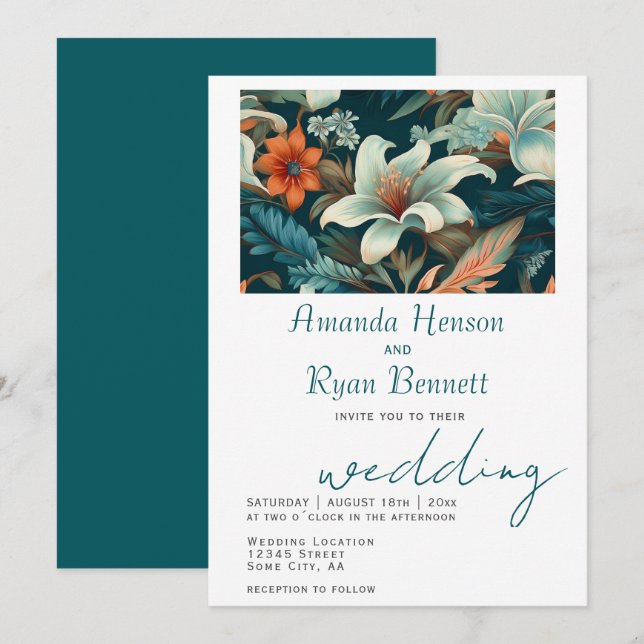 Invitation Élégant Mariage de design botanique tropical (Devant / Derrière)