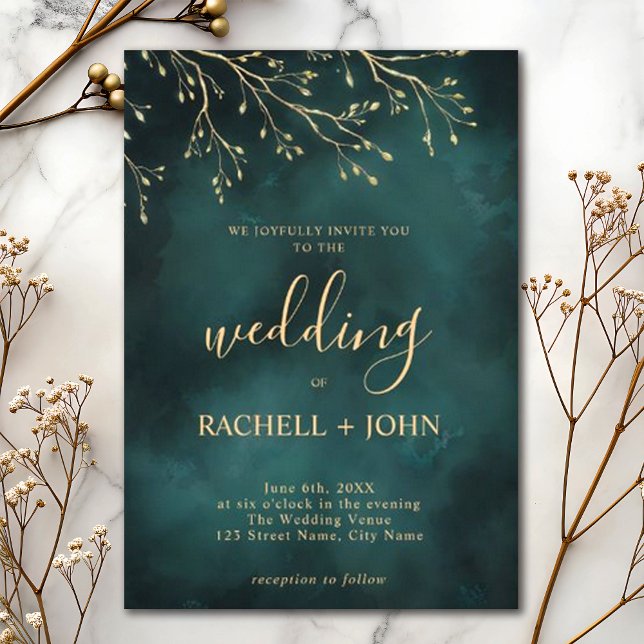 Invitation Élégant Mariage de design botanique vert émeraude (Créateur téléchargé)