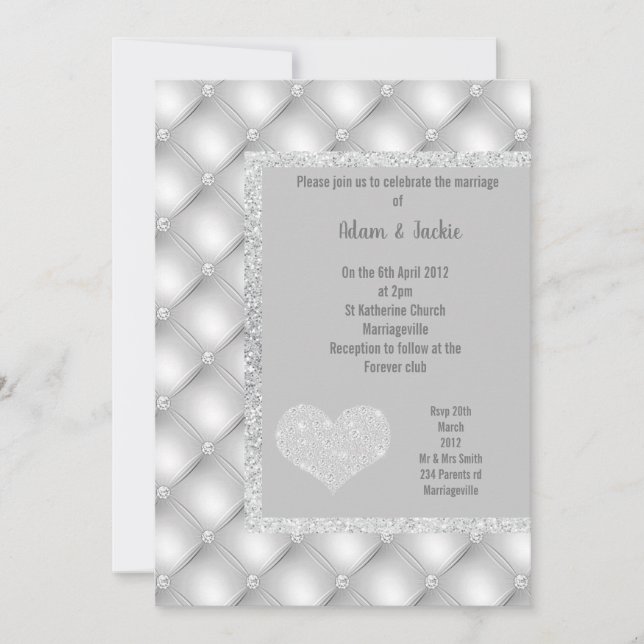 INVITATION ÉLÉGANT MARIAGE DE DIAMOND DE COEUR GRIS D'ARGENT (Devant)