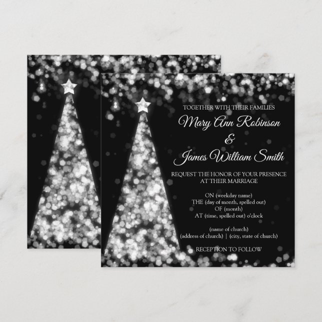 Invitation Élégant Mariage de Fêtes de Noël Argent et Noir (Devant / Derrière)