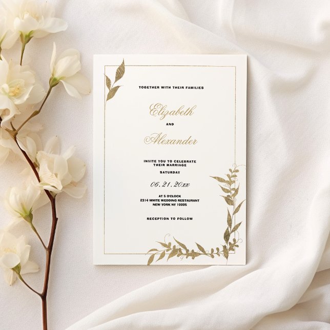 Invitation Élégant Mariage de feuillage blanc et or (Elegant white and gold foliage Wedding )