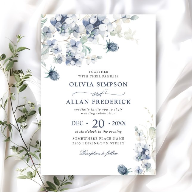 Invitation Élégant Mariage de feuillage d'hiver Dusty Blue Bo (Créateur téléchargé)