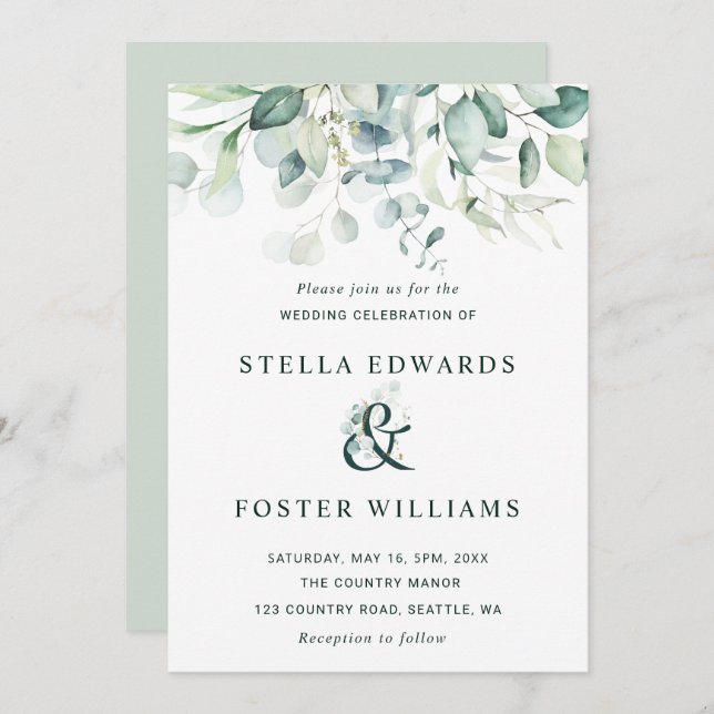 Invitation Élégant Mariage de feuillage vert (Devant / Derrière)