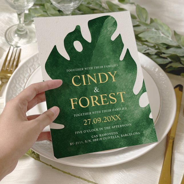Invitation Élégant Mariage de feuille de Monstera verte tropi (Créateur téléchargé)