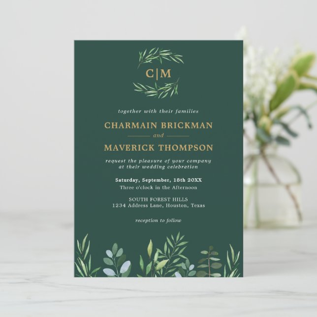 Invitation Élégant Mariage de feuille de verdure (Debout devant)