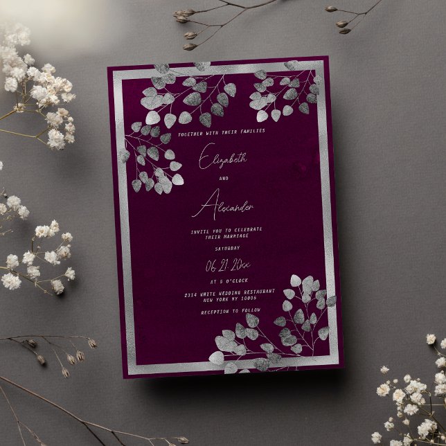 Invitation Élégant mariage de feuille d'eucalyptus argenté bo (Elegant burgundy silver eucalyptus leaf wedding)