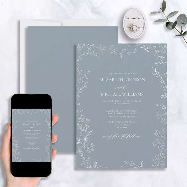 Invitation Élégant Mariage de feuille minimal bleu poussiéreu (Créateur téléchargé)