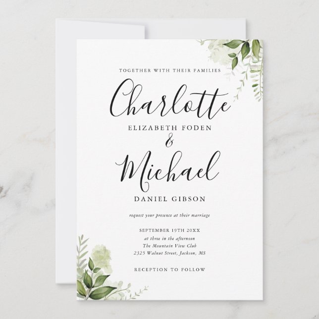 Invitation Élégant mariage de feuilles de verdure de script d (Devant)