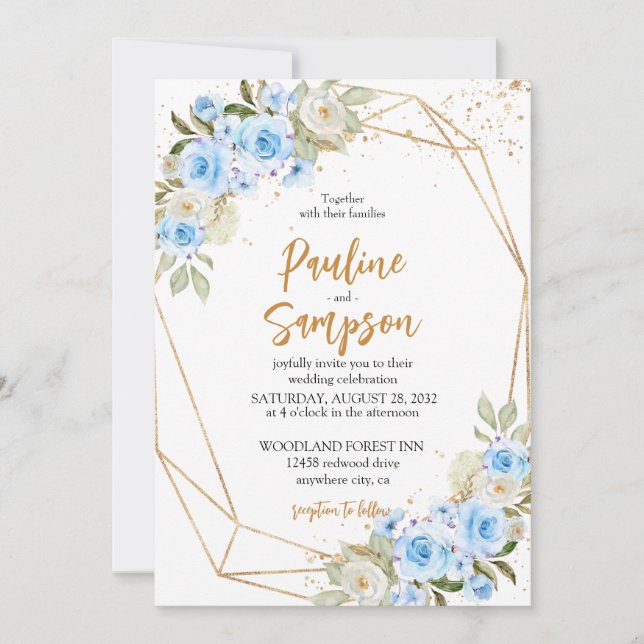 Invitation Elégant Mariage de Fleurs Bleues (Devant)