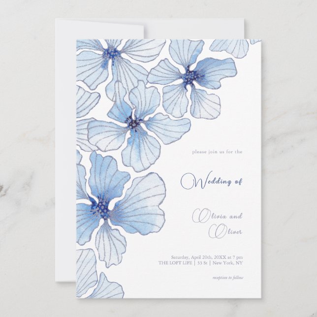 Invitation Élégant Mariage de fleurs bleues (Devant)