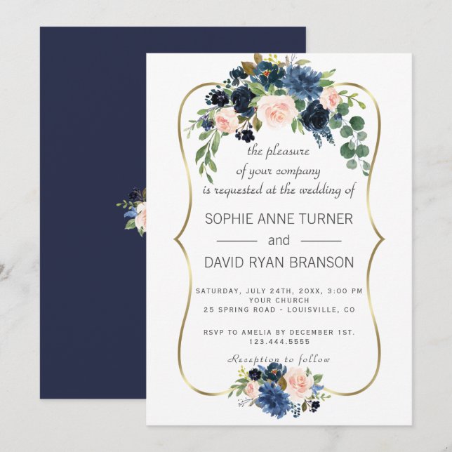 Invitation Elégant Mariage de fleurs bleues de la Marine d'or (Devant / Derrière)