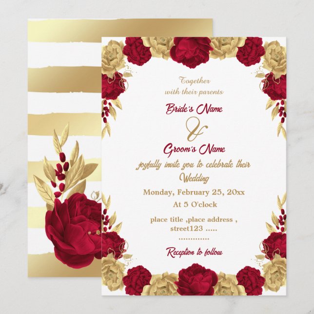 Invitation Élégant mariage de fleurs bordeaux et or (Devant / Derrière)