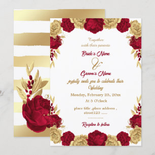 Invitation Élégant mariage de fleurs bordeaux et or