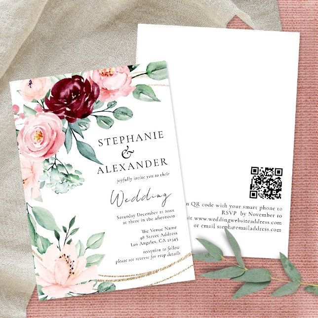 Invitation Élégant Mariage de Fleurs Bourgogne Rose Blancs (Créateur téléchargé)