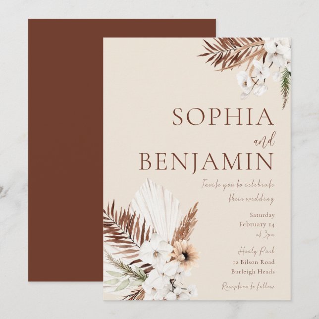 Invitation Élégant Mariage de fleurs de Bohême blanche (Devant / Derrière)