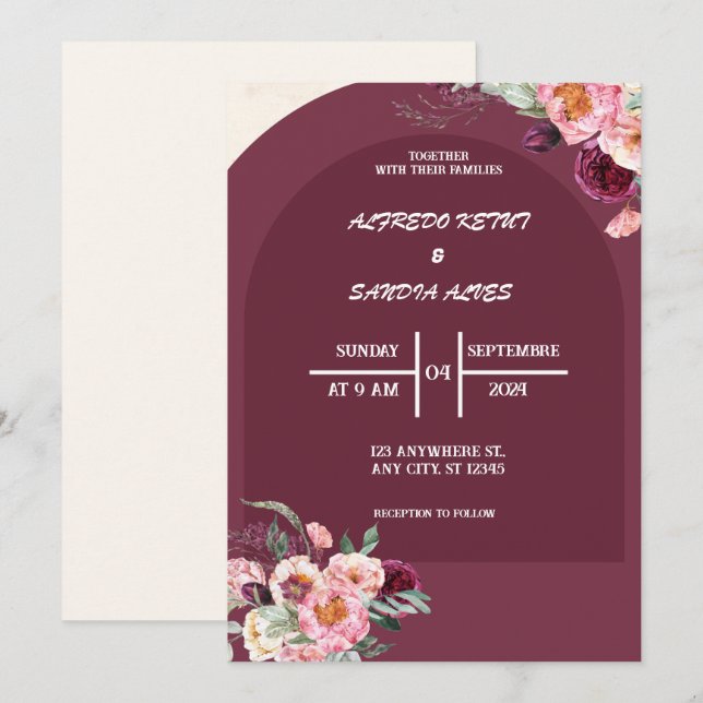 Invitation élégant Mariage de fleurs de Crimson de Bourgogne (Devant / Derrière)