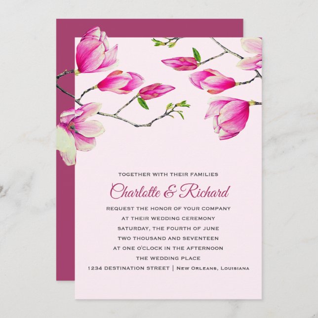 Invitation Élégant Mariage de fleurs de Magnolia rose (Devant / Derrière)