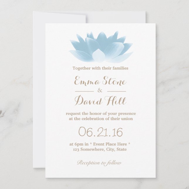 Invitation Élégant Mariage de fleurs Lotus Bleu Lumière (Devant)