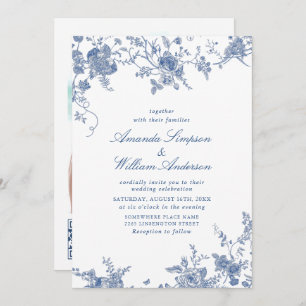 Invitation Élégant Mariage de Floral Bleu Victorien Français