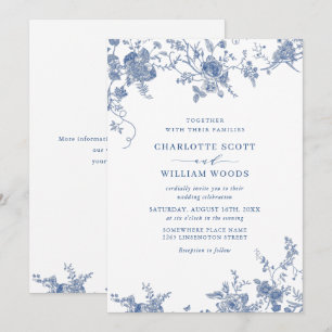 Invitation Élégant Mariage de Floral Bleu Victorien Français