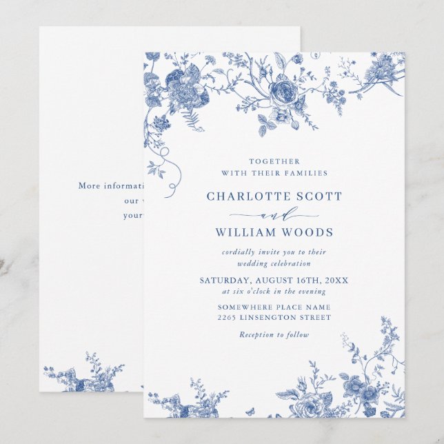Invitation Élégant Mariage de Floral Bleu Victorien Français (Devant / Derrière)