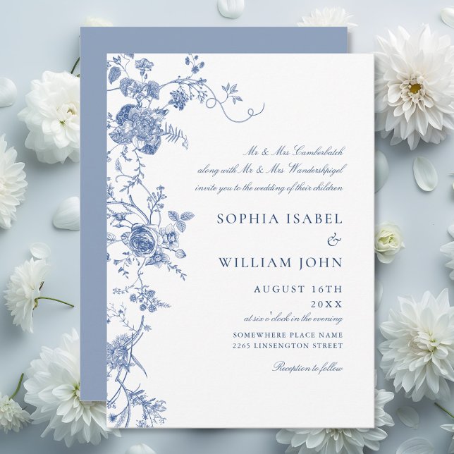 Invitation Élégant Mariage de Floral Bleu Victorien Français (Créateur téléchargé)