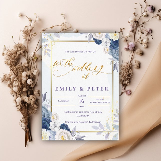Invitation Elégant Mariage de frontière bleu floral or Dusty (Elegant Dusty Blue Floral Gold Border Wedding Invitation)