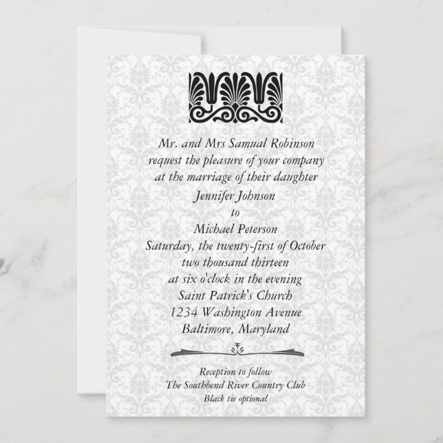 Invitation Élégant Mariage de la floraison noire de Damas (Devant)