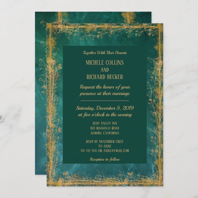 Invitation Élégant Mariage de la frontière botanique or (Devant / Derrière)