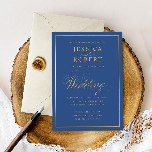 Invitation Elégant Mariage de la frontière d'or Faux Dark Nav (Créateur téléchargé)