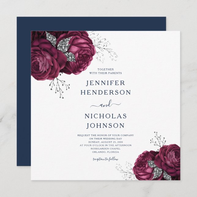 Invitation Élégant Mariage de la marine Blue Burgundy Floral  (Devant / Derrière)