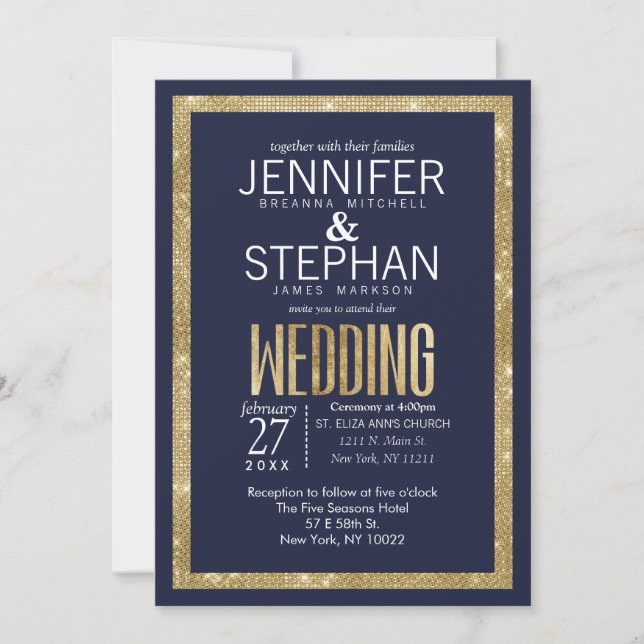 Invitation Élégant Mariage de la Marine moderne Blue Gold Seq (Devant)