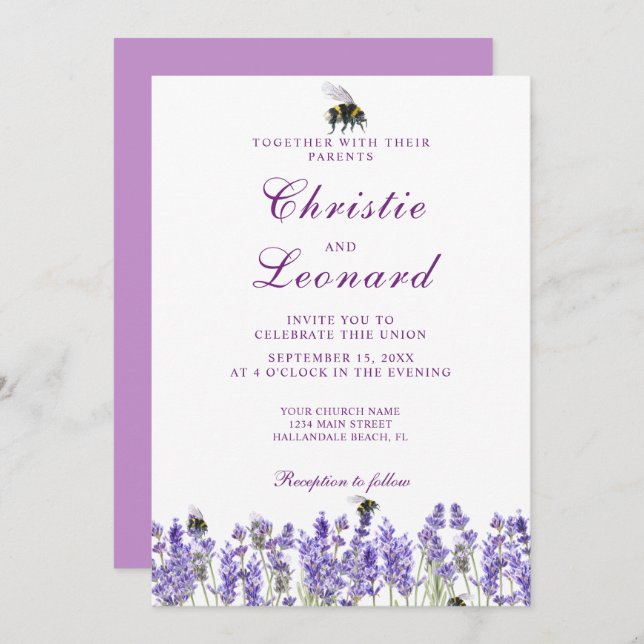 Invitation Élégant Mariage de Lavander violet (Devant / Derrière)