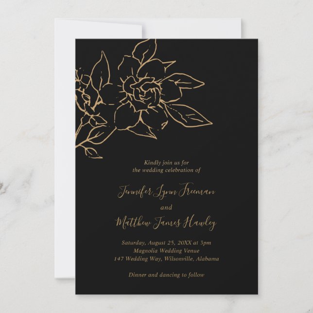 Invitation Élégant Mariage de ligne Art Floral Black Gold (Devant)