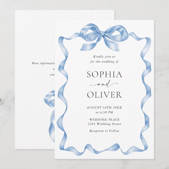 Invitation Élégant Mariage de mâchoire bleu Dusty (Devant / Derrière)
